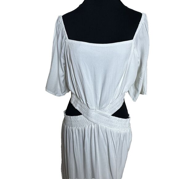 White Boho Maxi Dress XL Flutter Sleeve‎ Pockets Cutout Waist Tiered Cottagecore - Picture 3 of 15
